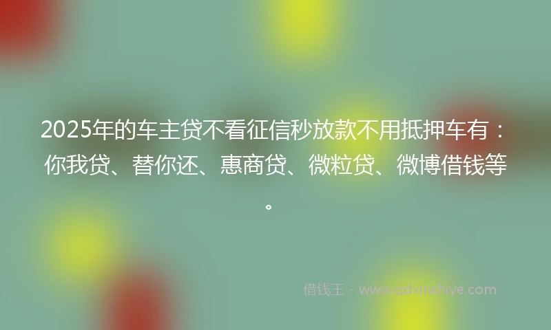 2025年的车主贷不看征信秒放款不用抵押车有：你我贷、替你还、惠商贷、微粒贷、微博借钱等。