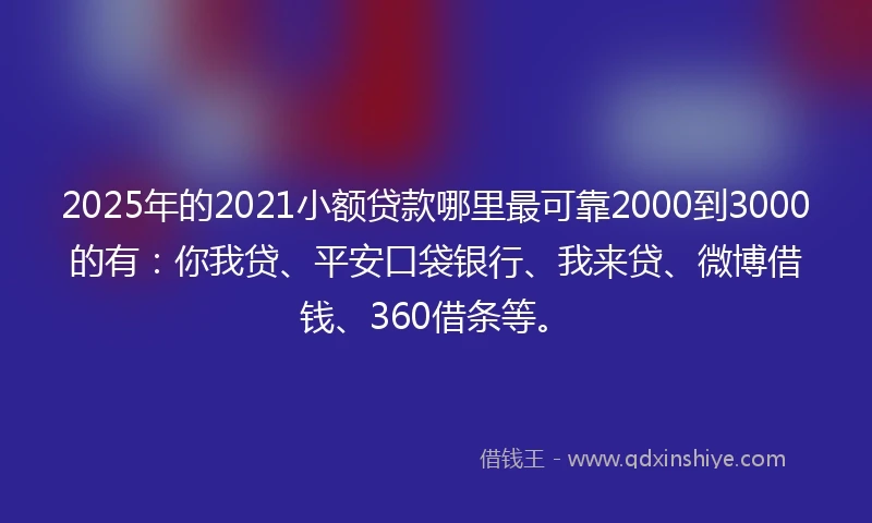 2025年的2021小额贷款哪里最可靠2000到3000的有：你我贷、平安口袋银行、我来贷、微博借钱、360借条等。