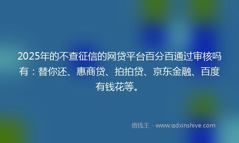 2025年的不查征信的网贷平台百分百通过审核吗有：替你还、惠商贷、拍拍贷、京东金融、百度有钱花等。