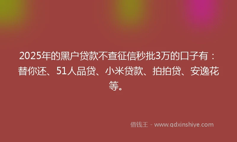 2025年的黑户贷款不查征信秒批3万的口子有：替你还、51人品贷、小米贷款、拍拍贷、安逸花等。