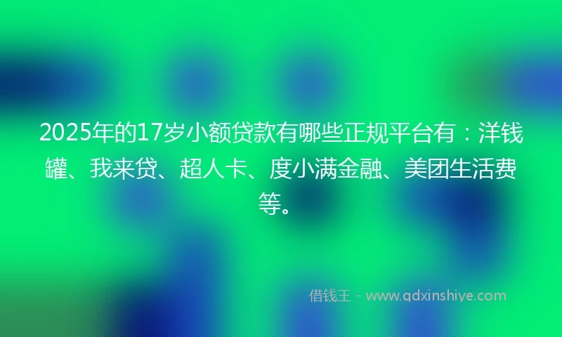 2025年的17岁小额贷款有哪些正规平台有：洋钱罐、我来贷、超人卡、度小满金融、美团生活费等。
