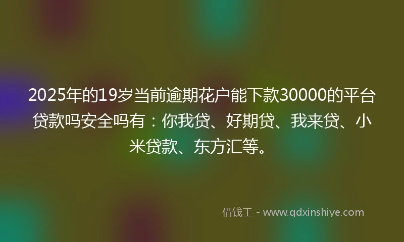 2025年的19岁当前逾期花户能下款30000的平台贷款吗安全吗有：你我贷、好期贷、我来贷、小米贷款、东方汇等。
