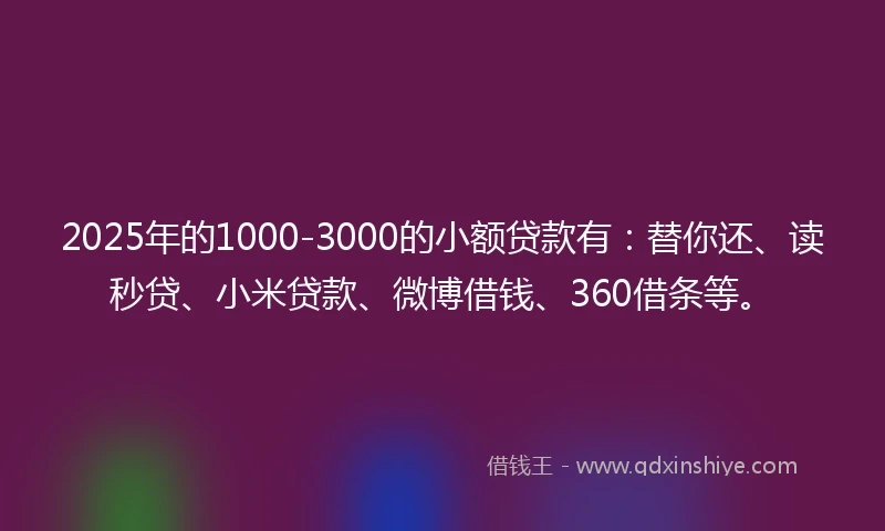 2025年的1000-3000的小额贷款有：替你还、读秒贷、小米贷款、微博借钱、360借条等。