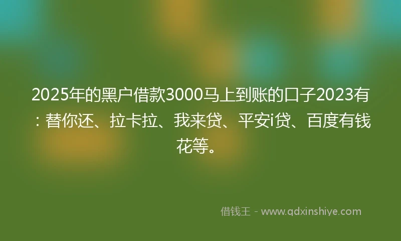 2025年的黑户借款3000马上到账的口子2023有：替你还、拉卡拉、我来贷、平安i贷、百度有钱花等。