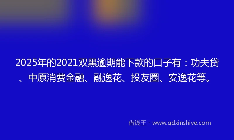 2025年的2021双黑逾期能下款的口子有：功夫贷、中原消费金融、融逸花、投友圈、安逸花等。