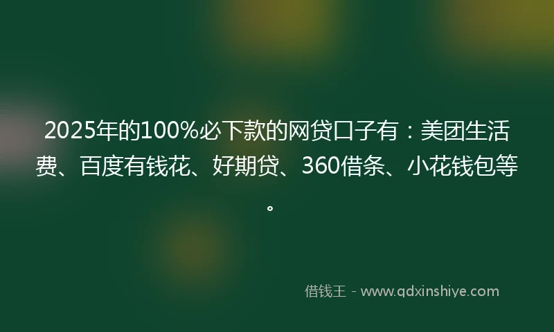 2025年的100%必下款的网贷口子有：美团生活费、百度有钱花、好期贷、360借条、小花钱包等。