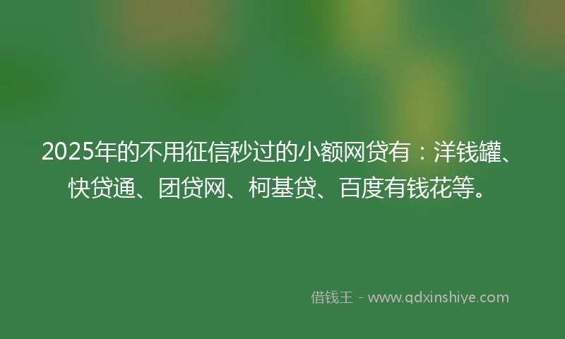 2025年的不用征信秒过的小额网贷有：洋钱罐、快贷通、团贷网、柯基贷、百度有钱花等。