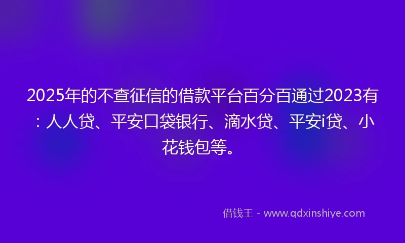 2025年的不查征信的借款平台百分百通过2023有：人人贷、平安口袋银行、滴水贷、平安i贷、小花钱包等。