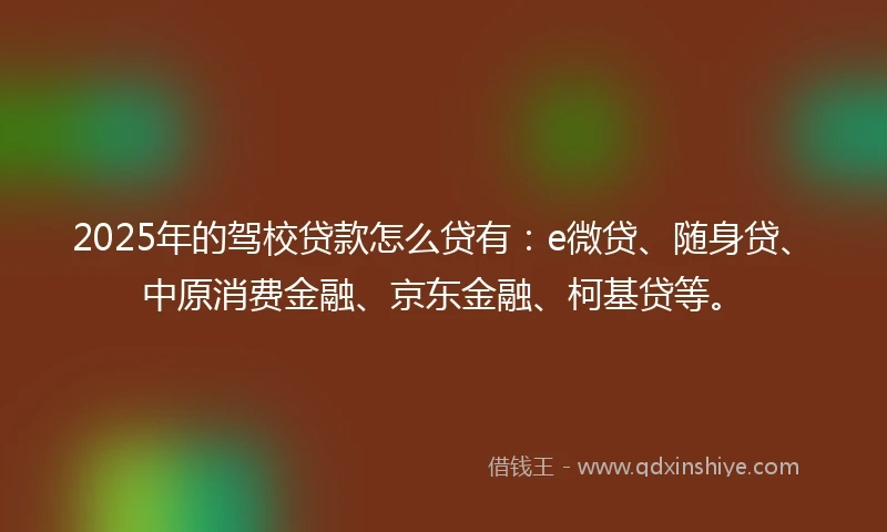 2025年的驾校贷款怎么贷有:e微贷、随身贷、中原消费金融、京东金融、柯基贷等。