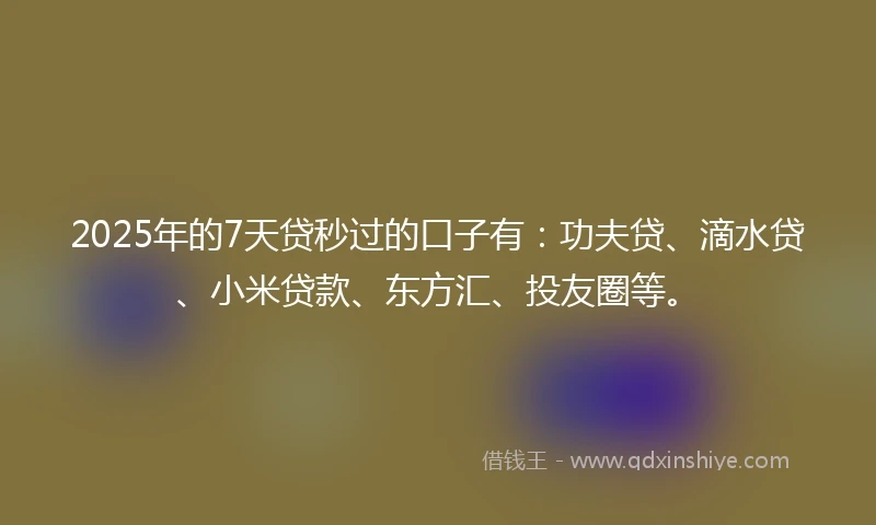 2025年的7天贷秒过的口子有：功夫贷、滴水贷、小米贷款、东方汇、投友圈等。