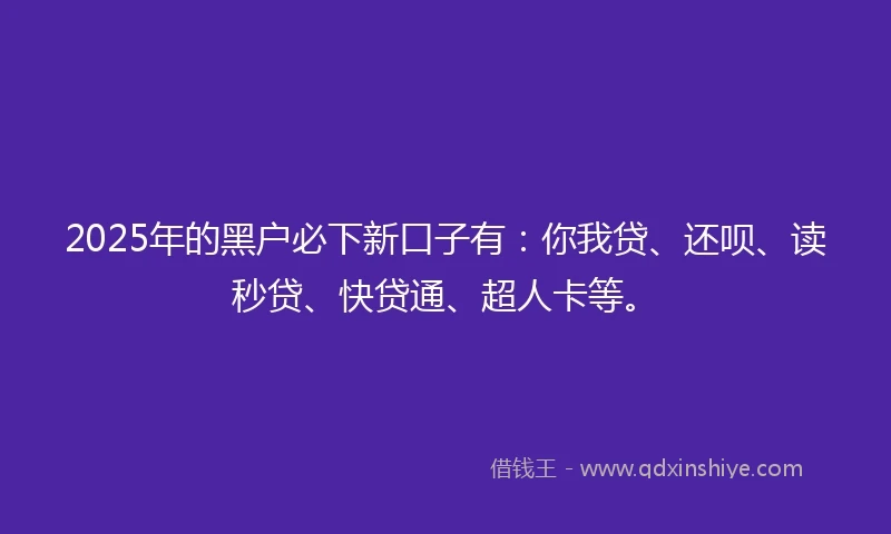 2025年的黑户必下新口子有：你我贷、还呗、读秒贷、快贷通、超人卡等。