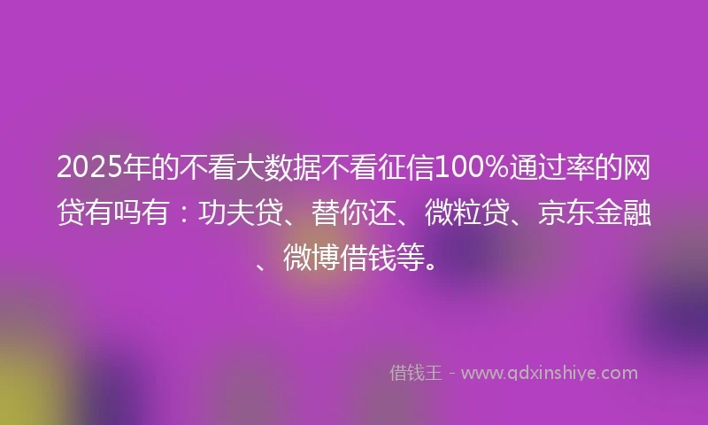 2025年的不看大数据不看征信100%通过率的网贷有吗有：功夫贷、替你还、微粒贷、京东金融、微博借钱等。