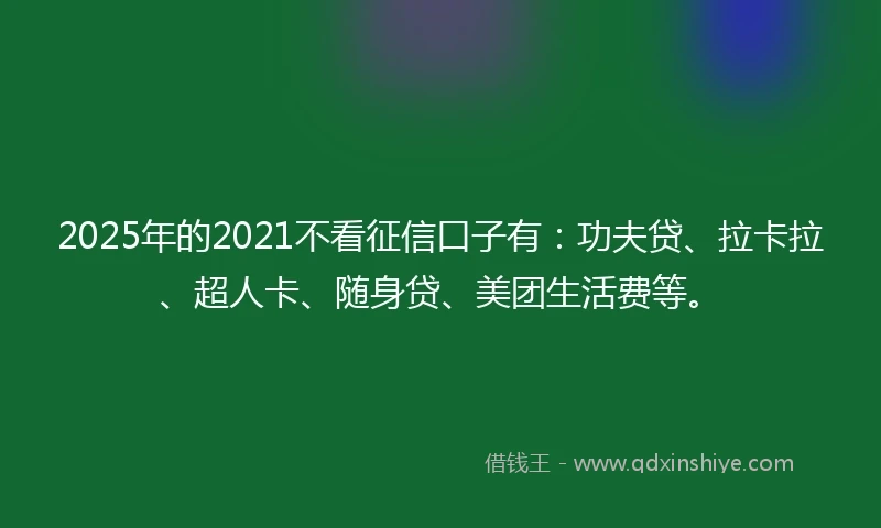 2025年的2021不看征信口子有：功夫贷、拉卡拉、超人卡、随身贷、美团生活费等。