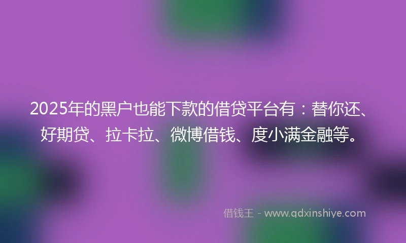 2025年的黑户也能下款的借贷平台有：替你还、好期贷、拉卡拉、微博借钱、度小满金融等。
