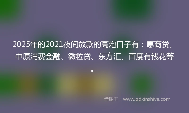 2025年的2021夜间放款的高炮口子有：惠商贷、中原消费金融、微粒贷、东方汇、百度有钱花等。
