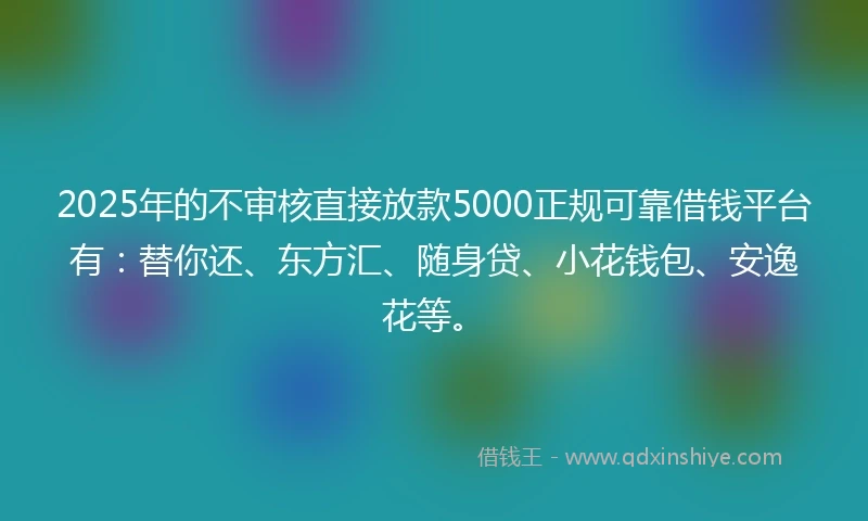 2025年的不审核直接放款5000正规可靠借钱平台有：替你还、东方汇、随身贷、小花钱包、安逸花等。