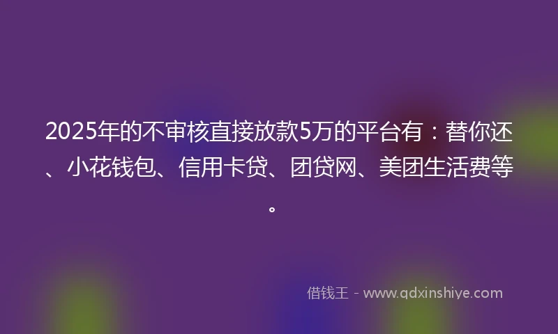 2025年的不审核直接放款5万的平台有：替你还、小花钱包、信用卡贷、团贷网、美团生活费等。