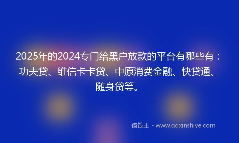 2025年的2024专门给黑户放款的平台有哪些有：功夫贷、维信卡卡贷、中原消费金融、快贷通、随身贷等。