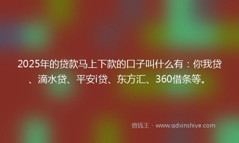 2025年的贷款马上下款的口子叫什么有：你我贷、滴水贷、平安i贷、东方汇、360借条等。