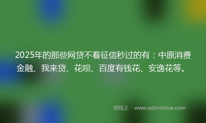 2025年的那些网贷不看征信秒过的有：中原消费金融、我来贷、花呗、百度有钱花、安逸花等。