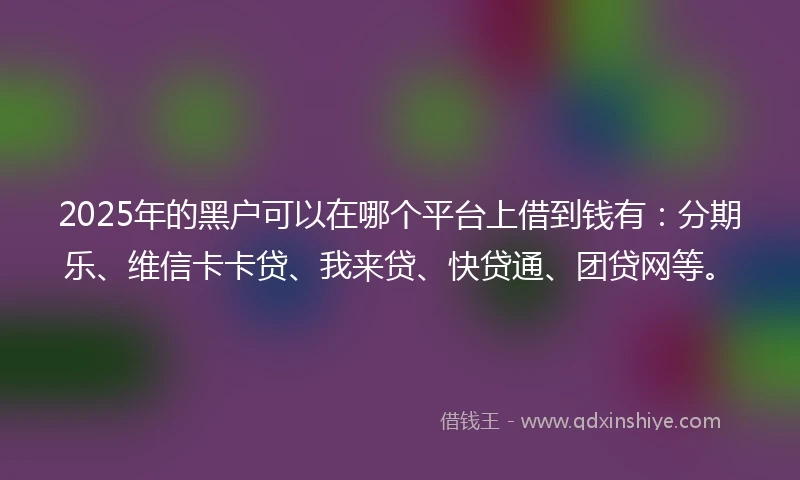 2025年的黑户可以在哪个平台上借到钱有：分期乐、维信卡卡贷、我来贷、快贷通、团贷网等。