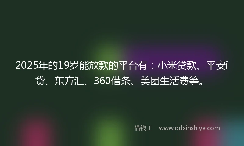 2025年的19岁能放款的平台有：小米贷款、平安i贷、东方汇、360借条、美团生活费等。