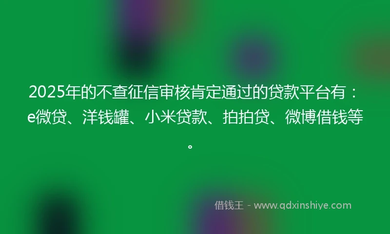 2025年的不查征信审核肯定通过的贷款平台有：e微贷、洋钱罐、小米贷款、拍拍贷、微博借钱等。