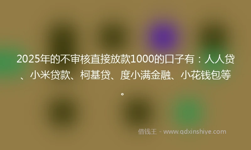 2025年的不审核直接放款1000的口子有：人人贷、小米贷款、柯基贷、度小满金融、小花钱包等。