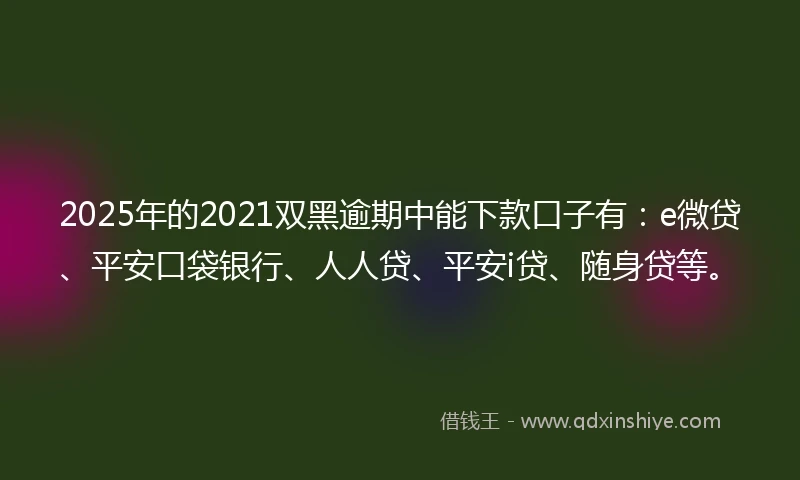 2025年的2021双黑逾期中能下款口子有：e微贷、平安口袋银行、人人贷、平安i贷、随身贷等。