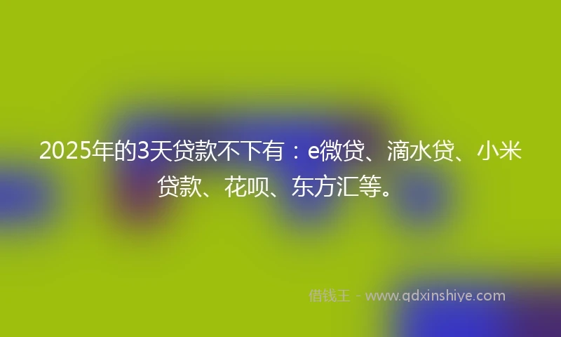 2025年的3天贷款不下有：e微贷、滴水贷、小米贷款、花呗、东方汇等。