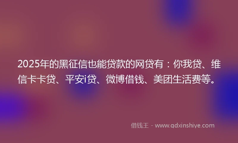 2025年的黑征信也能贷款的网贷有：你我贷、维信卡卡贷、平安i贷、微博借钱、美团生活费等。