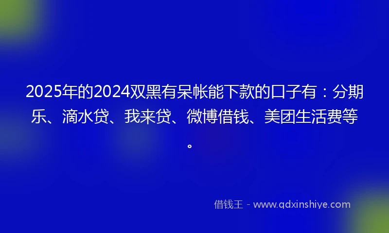 2025年的2024双黑有呆帐能下款的口子有：分期乐、滴水贷、我来贷、微博借钱、美团生活费等。