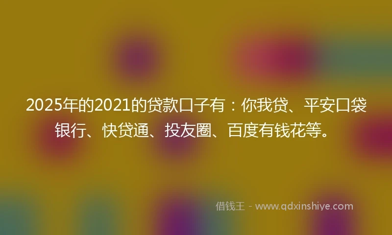 2025年的2021的贷款口子有：你我贷、平安口袋银行、快贷通、投友圈、百度有钱花等。