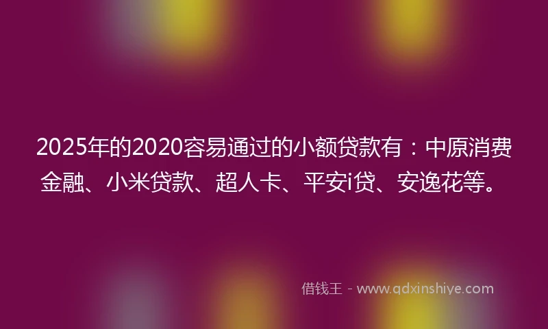 2025年的2020容易通过的小额贷款有：中原消费金融、小米贷款、超人卡、平安i贷、安逸花等。