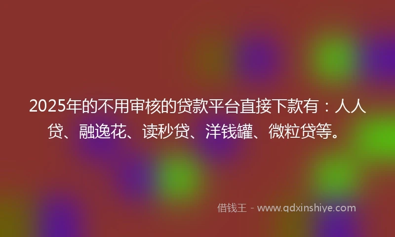 2025年的不用审核的贷款平台直接下款有：人人贷、融逸花、读秒贷、洋钱罐、微粒贷等。