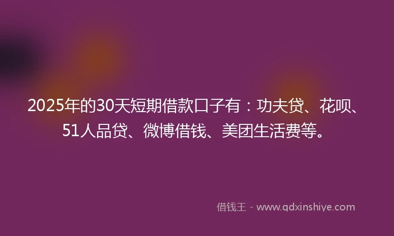 2025年的30天短期借款口子有：功夫贷、花呗、51人品贷、微博借钱、美团生活费等。