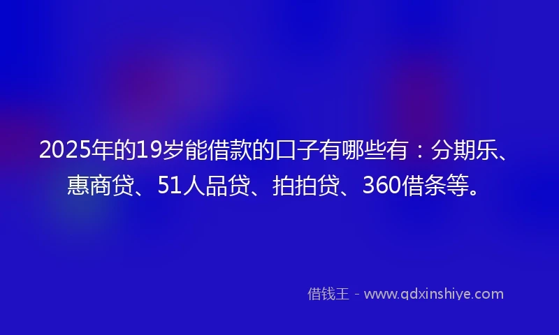 2025年的19岁能借款的口子有哪些有：分期乐、惠商贷、51人品贷、拍拍贷、360借条等。