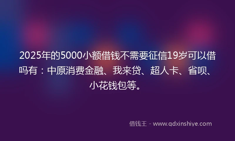 2025年的5000小额借钱不需要征信19岁可以借吗有：中原消费金融、我来贷、超人卡、省呗、小花钱包等。