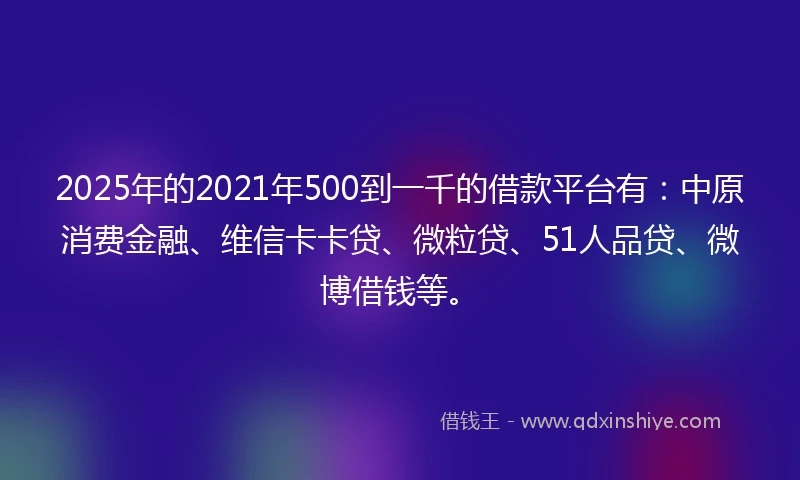 2025年的2021年500到一千的借款平台有：中原消费金融、维信卡卡贷、微粒贷、51人品贷、微博借钱等。