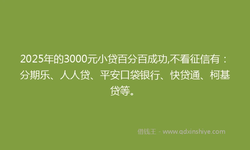 2025年的3000元小贷百分百成功,不看征信有：分期乐、人人贷、平安口袋银行、快贷通、柯基贷等。