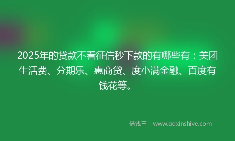 2025年的贷款不看征信秒下款的有哪些有：美团生活费、分期乐、惠商贷、度小满金融、百度有钱花等。