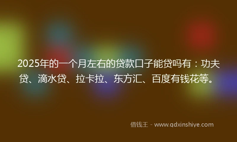 2025年的一个月左右的贷款口子能贷吗有：功夫贷、滴水贷、拉卡拉、东方汇、百度有钱花等。