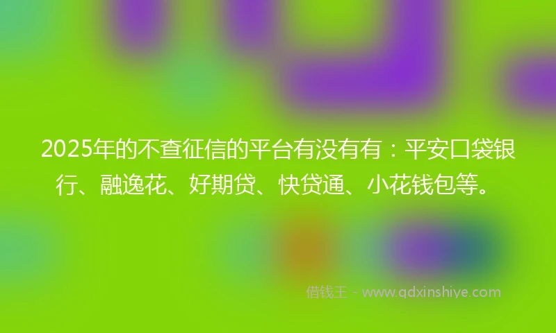 2025年的不查征信的平台有没有有：平安口袋银行、融逸花、好期贷、快贷通、小花钱包等。