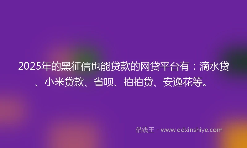 2025年的黑征信也能贷款的网贷平台有：滴水贷、小米贷款、省呗、拍拍贷、安逸花等。