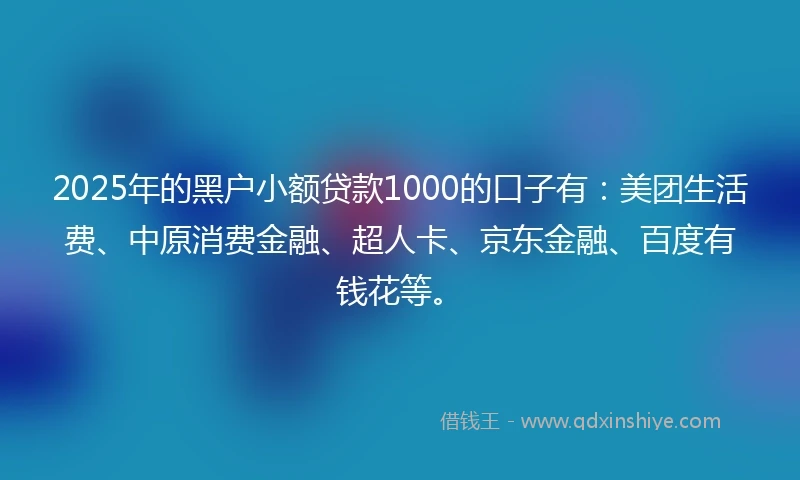 2025年的黑户小额贷款1000的口子有：美团生活费、中原消费金融、超人卡、京东金融、百度有钱花等。
