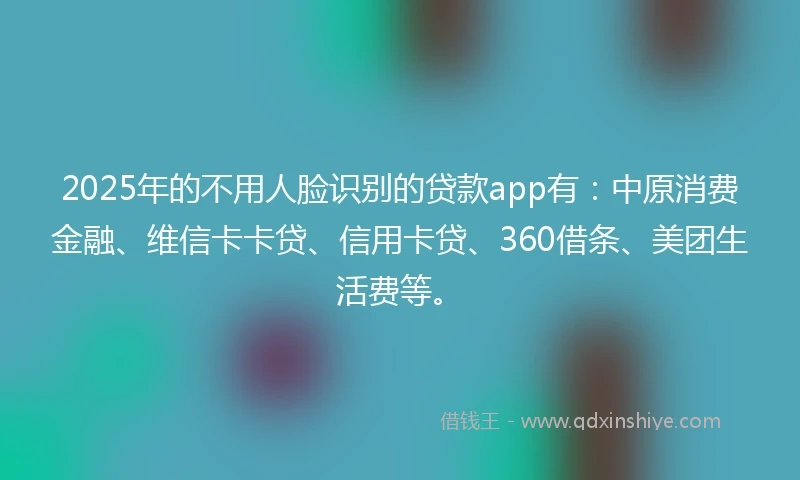 2025年的不用人脸识别的贷款app有：中原消费金融、维信卡卡贷、信用卡贷、360借条、美团生活费等。
