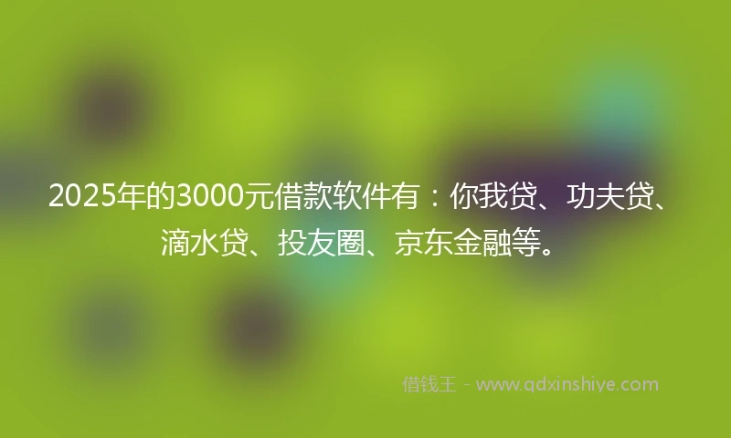 2025年的3000元借款软件有：你我贷、功夫贷、滴水贷、投友圈、京东金融等。