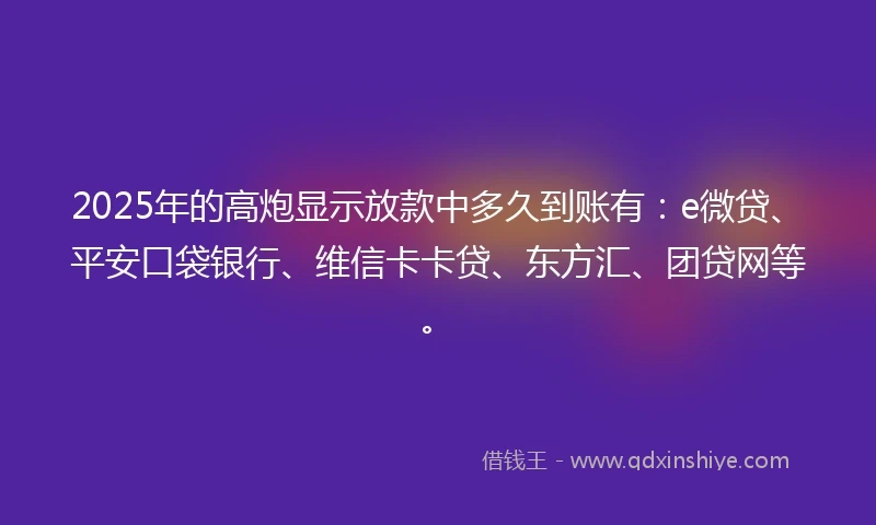 2025年的高炮显示放款中多久到账有：e微贷、平安口袋银行、维信卡卡贷、东方汇、团贷网等。