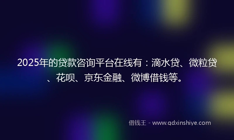 2025年的贷款咨询平台在线有：滴水贷、微粒贷、花呗、京东金融、微博借钱等。
