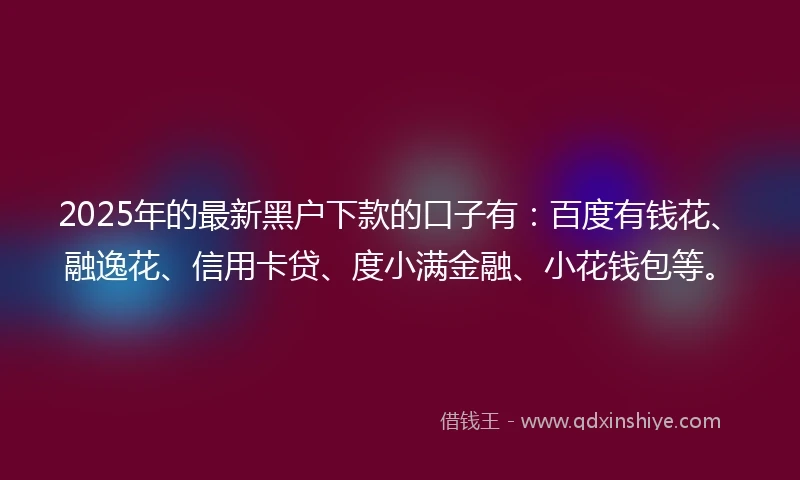 2025年的最新黑户下款的口子有：百度有钱花、融逸花、信用卡贷、度小满金融、小花钱包等。